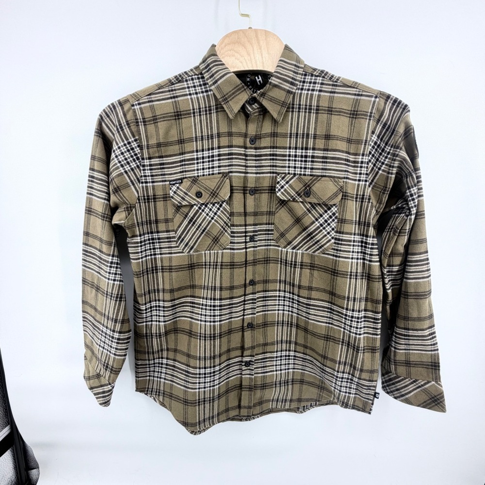 Howitzer Blue Collar Patriot Flannel Shirt Mens L Olive‎ Plaid Graphic Button-Up